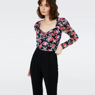 dvf Erik Long Sleeve Mesh Bodysuit in Fortune Rose Sm Outlet
